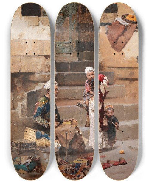 Triptych art skateboard deck of Raphael Von Ambros The Old Shoe Maker Cairo by Raphael Von Ambros (1855-1895)