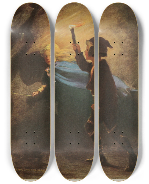 Triptych art skateboard deck of Jessie Willcox Smith Curdie Went On After Her Flashing His Torch About by Jessie Willcox Smith (1863-1935)