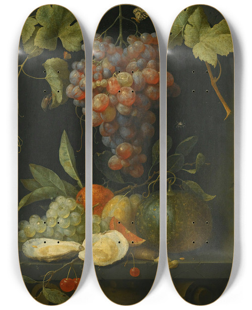 Triptych art skateboard deck of Joris Van Son Still Life With Grapes A Melon An Orange Plums And Oysters In A Stone Niche by Joris Van Son (1623-1667)