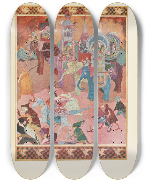 Triptych art skateboard deck of Jean De Bosschre Birds Going To The Race by Jean de Bosschre (1878-1953)