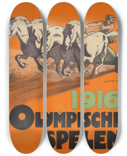 Triptych art skateboard deck of Willy Sluiter Olympische Spelen 1916 Amsterdam Stadion 31 Aug3 Sept by Willy Sluiter
