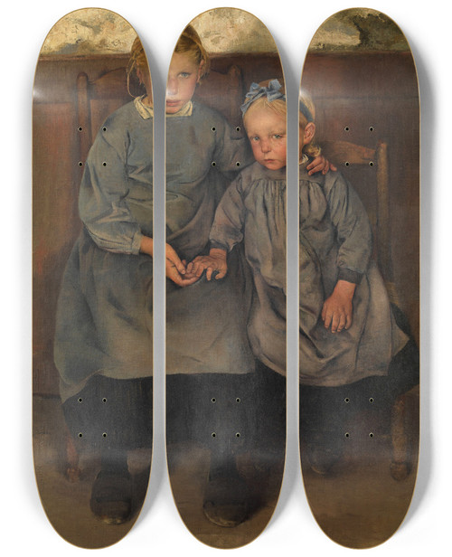 Triptych art skateboard deck of Lon Frdric Two Walloon Country Girls by Frederic Leon (1856-1940)