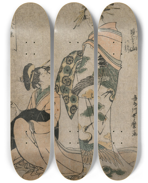 Triptych art skateboard deck of Kitagawa Utamaro The Courtesan Misyama Of Chojiya From The Series Eight Views Of Beautiful Women Of The Green Houses by Kitagawa Utamaro (1753-1806)