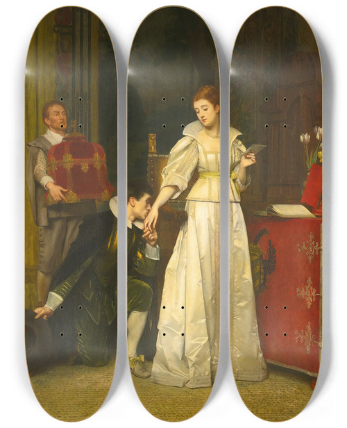 Triptych art skateboard deck of Florent Willems The Suitor by Florent Willems (1823-1905)