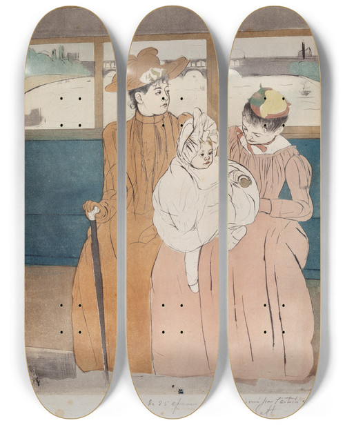 Triptych art skateboard deck of Mary Cassatt In The Omnibus_1 by Mary Cassatt (1844-1926)