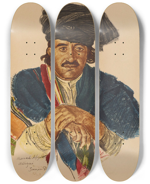 Triptych art skateboard deck of Alexandre Jacovleff Un Notable Afghan Guirichk by Alexandre Jacovleff (1887-1938)