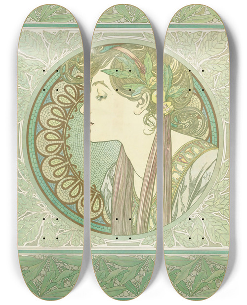 Triptych art skateboard deck of Alphonse Mucha Laurel by Alphonse Mucha (1860-1939)