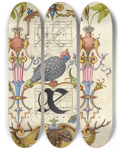 Triptych art skateboard deck of Joris Hoefnagel Guide For Constructing The Ligature Ae by Joris Hoefnagel (1542-1600)