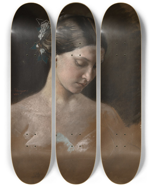 Triptych art skateboard deck of Jeanbaptisteantoineemile Branger Portrait Of A Woman_1 by Jean-Baptiste-Antoine-Emile Branger (1814-1883)
