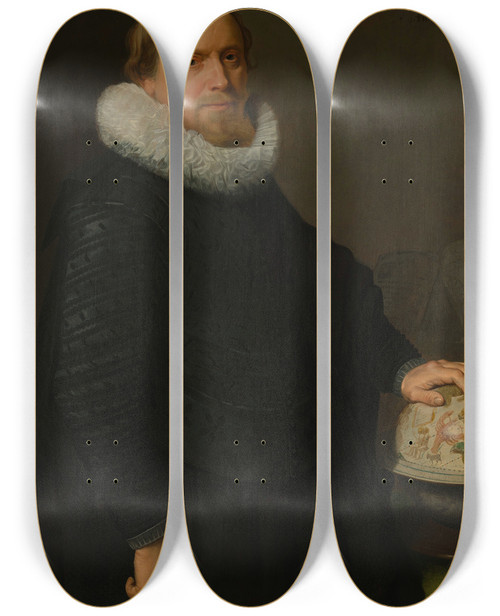 Triptych art skateboard deck of Nicolaes Eliasz Pickenoy Man With A Celestial Globe by Nicolaes Eliasz Pickenoy (1588-1654)