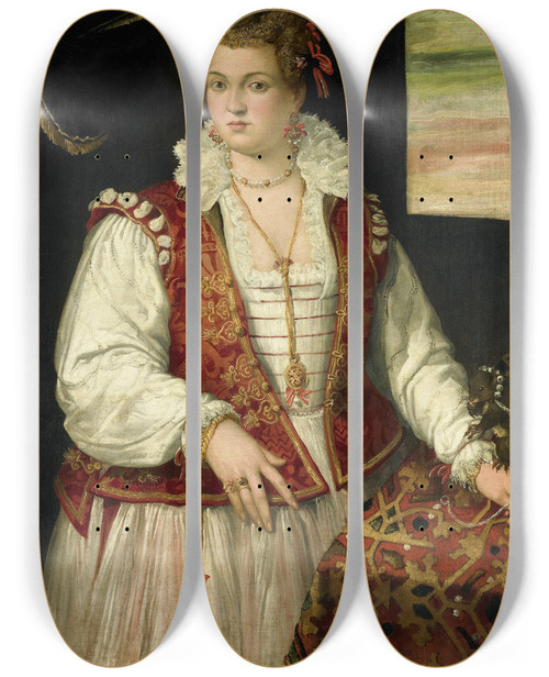 Triptych art skateboard deck of Francesco Montemezzano Portrait Of A Woman With A Squirrel by Francesco Montemezzano (1555-1602)