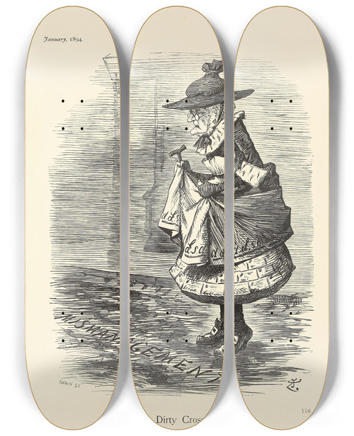 Triptych art skateboard deck of Sir John Tenniel A Dirty Crossing by Sir John Tenniel (1820-1914)