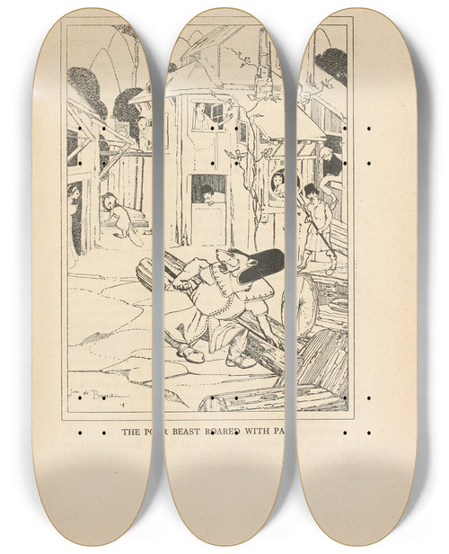 Triptych art skateboard deck of Jean De Bosschre The Poor Beast Roared With Pain by Jean de Bosschre (1878-1953)
