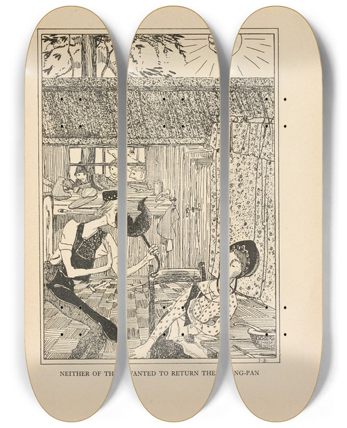 Triptych art skateboard deck of Jean De Bosschre Neither Of Them Wanted To Return The Fryingpan by Jean de Bosschre (1878-1953)
