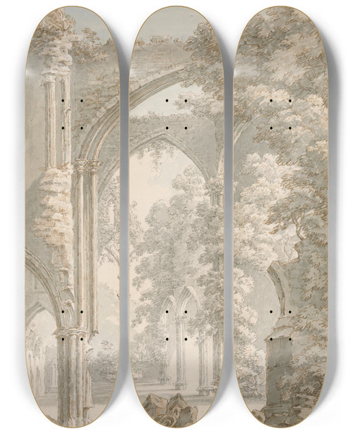 Triptych art skateboard deck of Thomas Sunderland Inside View Of Tintern Abbey Looking From The Nave To The East Window by Thomas Sunderland (1744-1828)