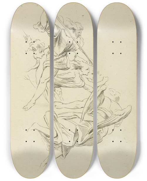 Triptych art skateboard deck of Peter Paul Rubens Several Winged Figures In Flight And A Figure With A Spear by Peter Paul Rubens (1577-1640)
