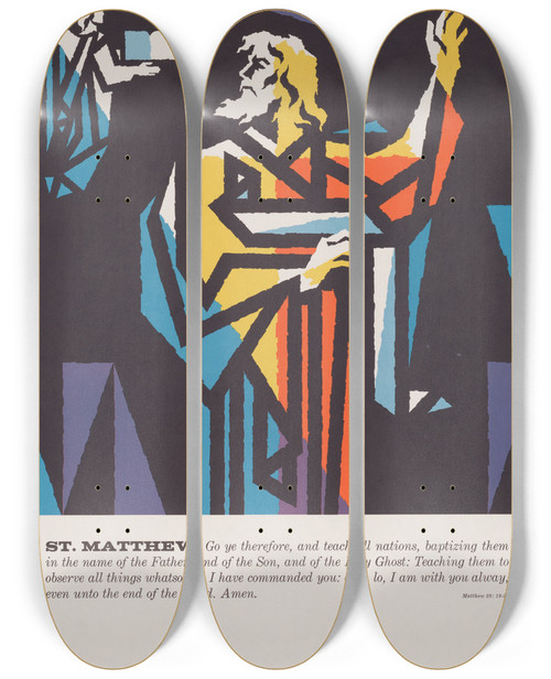 Triptych art skateboard deck of Joseph Binder St Matthew by Joseph Binder (1898-1972)