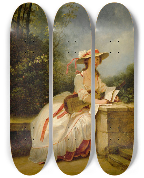 Triptych art skateboard deck of Circle Of Jeanfrdric Schall A Lady Seated In A Garden With A Guitar And Music by Circle of Jean-Frdric Schall (1752-1825)