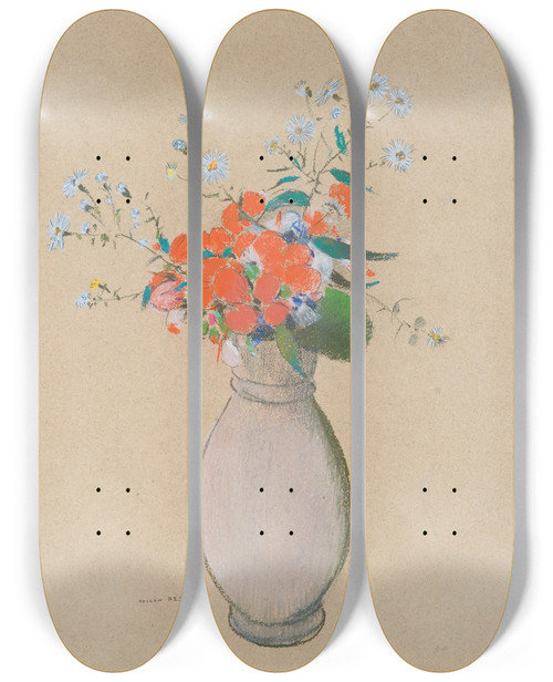 Triptych art skateboard deck of Odilon Redon Vase De Fleurs_3 by Odilon Redon (1840-1916)