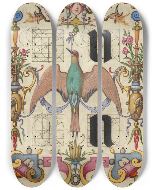 Triptych art skateboard deck of Joris Hoefnagel Guide For Constructing The Letters U And V by Joris Hoefnagel (1542-1600)