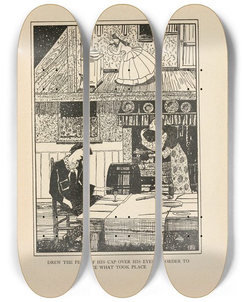 Triptych art skateboard deck of Jean De Bosschre Drew The Peak Of His Cap Over His Eyes by Jean de Bosschre (1878-1953)