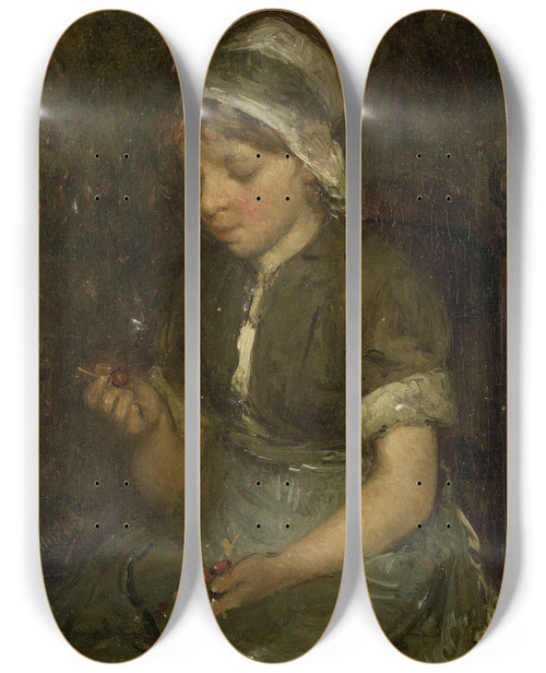 Triptych art skateboard deck of Bernardus Johannes Blommers Girl With Cherries by Bernardus Johannes Blommers (1845-1915)