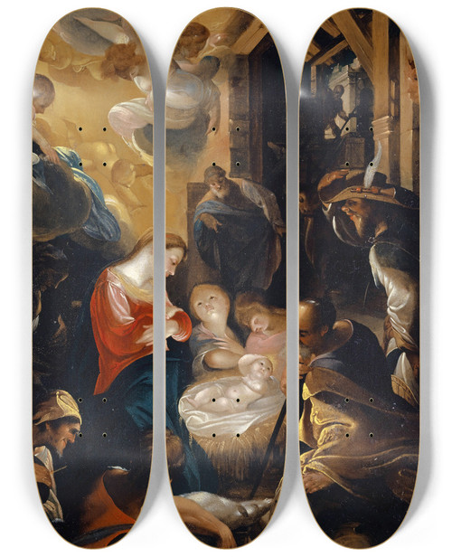 Triptych art skateboard deck of Joseph Heintz The Elder The Adoration Of The Shepherds by Joseph Heintz The Elder (1564-1609)