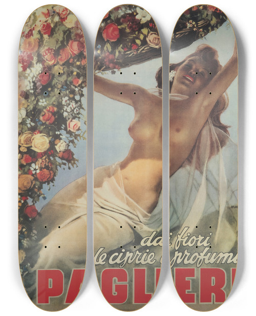 Triptych art skateboard deck of Gino Boccasile Paglieri by Gino Boccasile