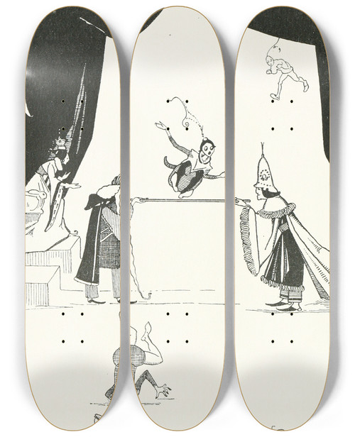 Triptych art skateboard deck of Jean De Bosschre Sometimes Leap Over The Stick Sometimes Creep Under It Backward And Forward by Jean de Bosschre (1878-1953)