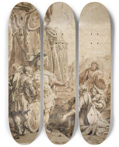 Triptych art skateboard deck of Francesco Fontebasso Darius Familie Knlende For Alexander Den Store by Francesco Fontebasso (1707-1769)