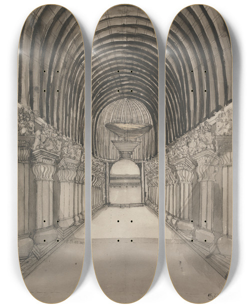 Triptych art skateboard deck of Gangaram Chintaman Tambat Interior View Of The Temple At Ekvera Karle by Gangaram Chintaman Tambat