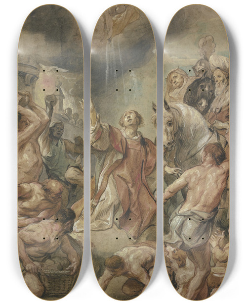 Triptych art skateboard deck of Jacob Jordaens Das Martyrium Des Heiligen Stephanus by Jacob Jordaens (1593-1678)