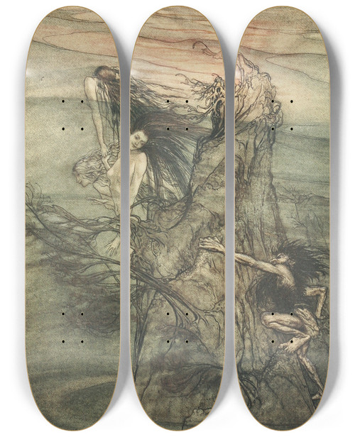 Triptych art skateboard deck of Arthur Rackham Mock Away Mock The Niblung Makes For Your Toy by Arthur Rackham (1867-1939)