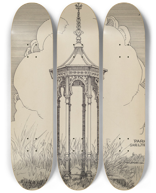 Triptych art skateboard deck of Thomas Byrne Cast Iron Pavilion by Thomas Byrne