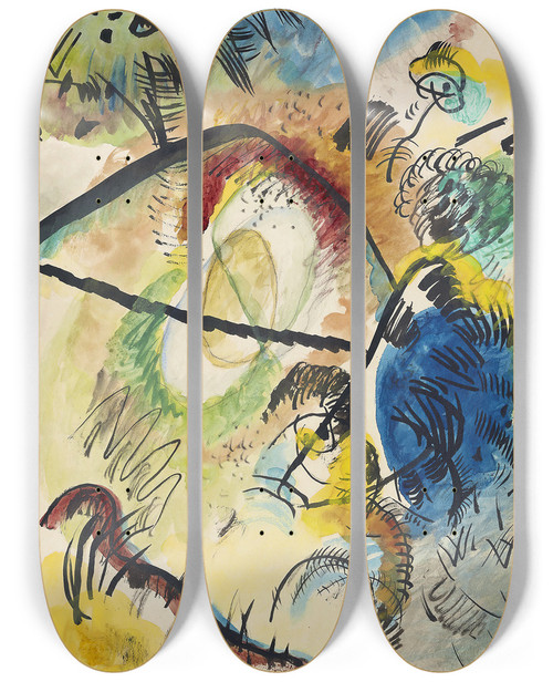 Triptych art skateboard deck of Wassily Kandinsky Watercolor Ix With Black Lines by Wassily Kandinsky (1866-1944)