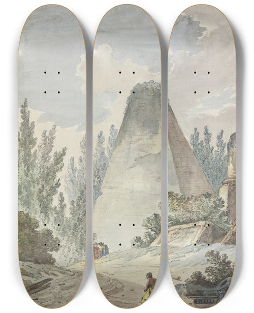 Triptych art skateboard deck of Hubert Robert Pyramide Mit Abgebrochener Spitze In Antiker Trmmerlandschaft by Hubert Robert (1733-1808)