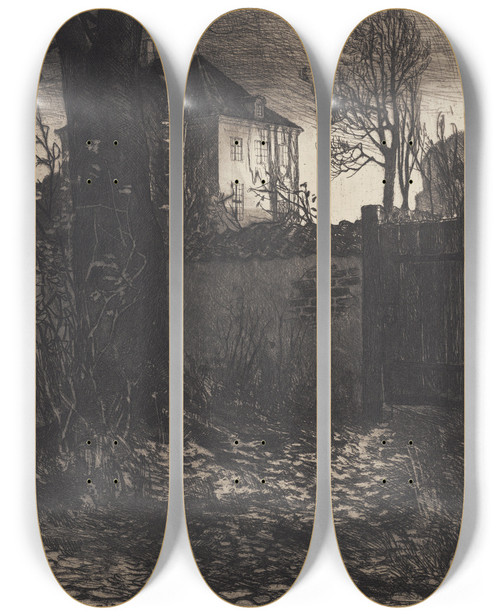 Triptych art skateboard deck of Hans Nikolaj Hansen Huset I Skipperalleen_3 by Hans Nikolaj Hansen (1853-1923)