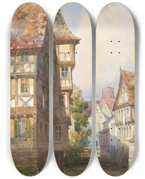 Triptych art skateboard deck of Thomas Shotter Boys Figures On A Bridge Over A Canal Braunschweig Germany by Thomas Shotter Boys (1803-1874)