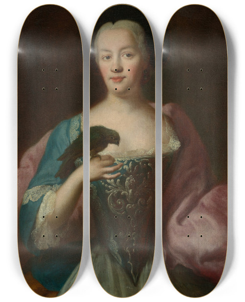 Triptych art skateboard deck of Georg Desmares Portrait Of A Lady With A Parrot by Georg Desmarees (1697-1776)