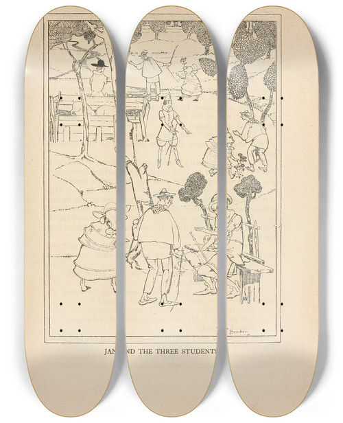 Triptych art skateboard deck of Jean De Bosschre Jan And The Three Students by Jean de Bosschre (1878-1953)