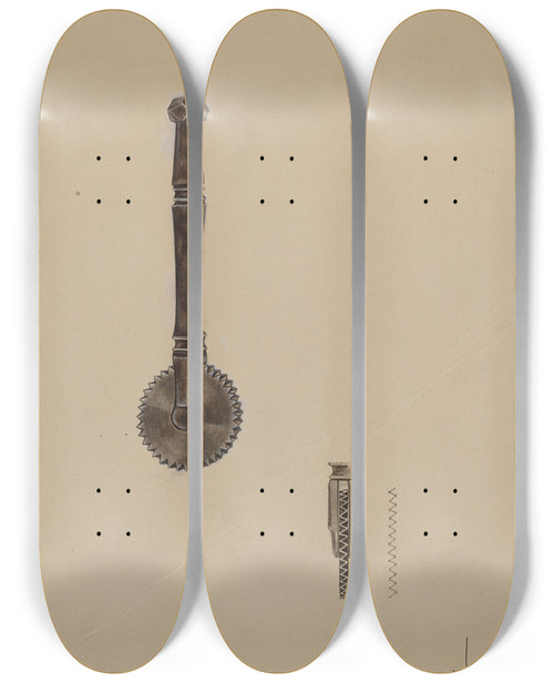 Triptych art skateboard deck of James Drake Pastry Jagger by James Drake