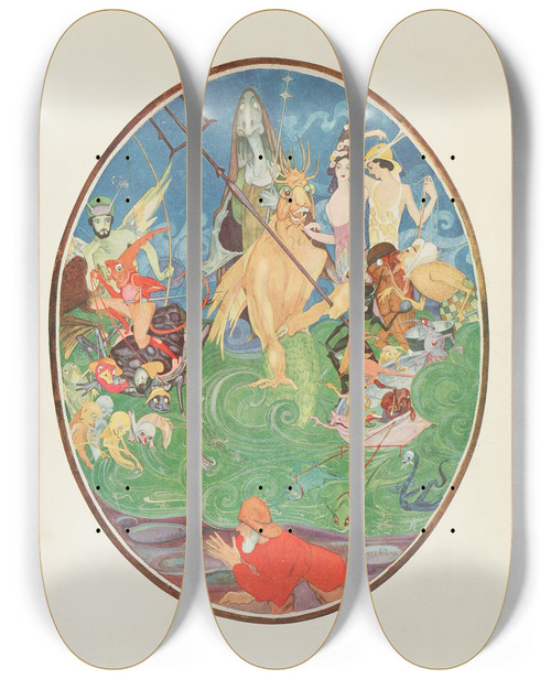 Triptych art skateboard deck of Jean De Bosschre The Seamonsters And The Fisherman by Jean de Bosschre (1878-1953)