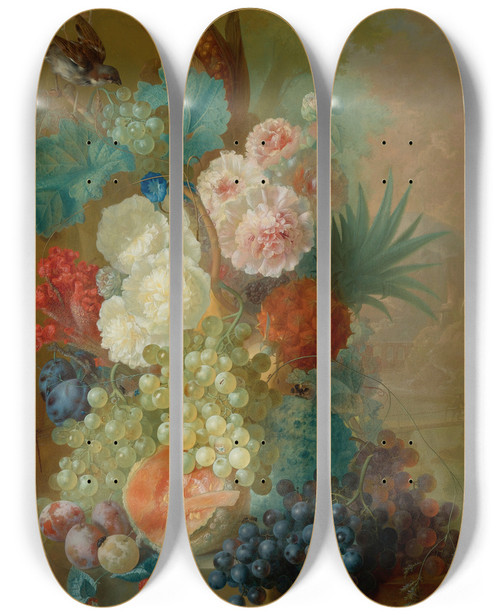 Triptych art skateboard deck of Jan Van Os Still Life Of Peonies A Cocks Comb And Morning Glories With A Pineapple Ear Of Corn Melons Grapes Plums And Raspberries by Jan Van Os (1744-1808)
