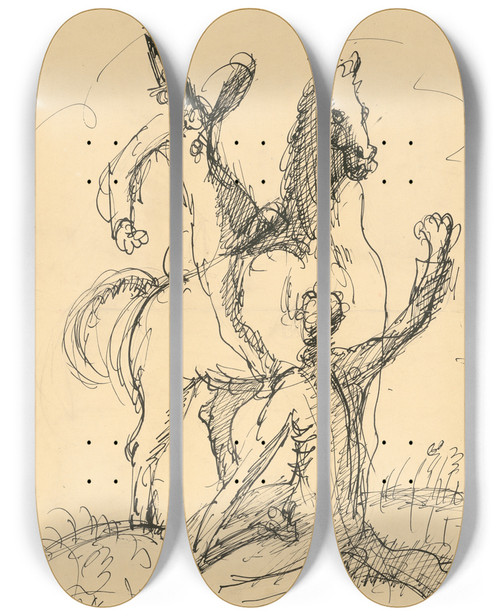 Triptych art skateboard deck of Cyprin Majernk Two Clowns With A Horse by Cyprian Majernik (1909-1945)