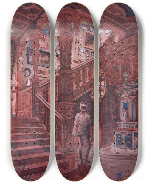 Triptych art skateboard deck of Georges Rmon Escalier Louis Xiii En Chne Sculpt by Georges Remon (1889-1963)