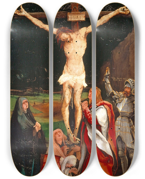 Triptych art skateboard deck of Matthias Grnewald The Crucifixion by Matthias Grunewald (1480-1528)