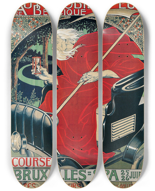 Triptych art skateboard deck of Georges Gaudy Automobile Club Belgique Course Bruxelles Spa by Georges Gaudy (1872-1940)