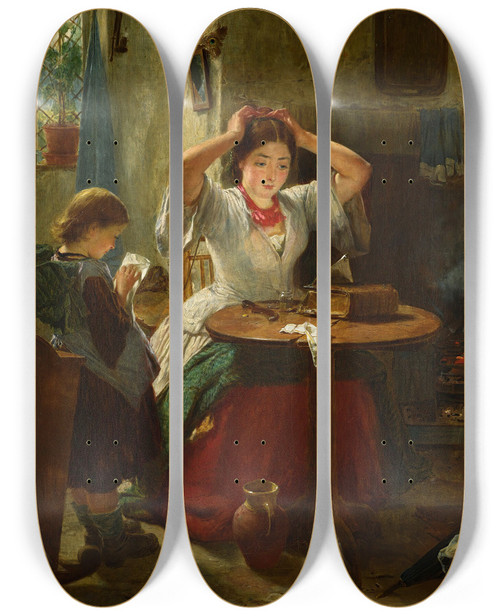 Triptych art skateboard deck of Thomas Faed The Rustic Toilet by Thomas Faed (1826-1900)