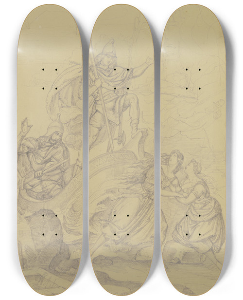 Triptych art skateboard deck of Ferdinand Fellner Ungedeutete Szene Zwei Ritter In Einem Anlandenden Kahn Berraschen Am Ufer Zwei Junge Frauen by Ferdinand Fellner (1799-1859)