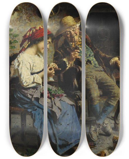 Triptych art skateboard deck of Eugenio Zampighi He Loves Me He Loves Me Not by Eugenio Zampighi (1859-1944)